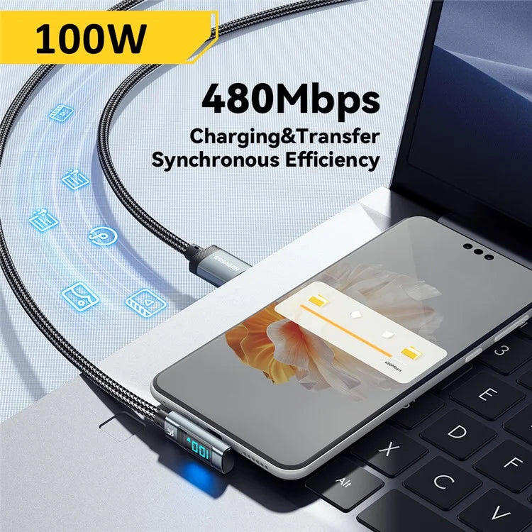 ESSAGER 2m Elbow 7A 100W Digital Display Data Cable High Power USB-A to Type-C Charging Cable