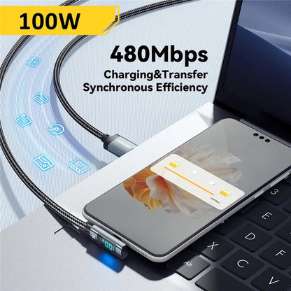 ESSAGER 2m Elbow 7A 100W Digital Display Data Cable High Power USB-A to Type-C Charging Cable