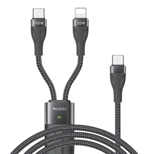 YESIDO CA87 PD Fast Charging Cable 100W+20W 2-in-1 Type-C to iP+Type-C Data Cable with LED Indicator