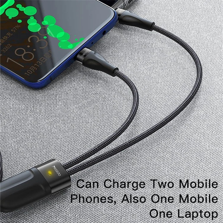 YESIDO CA88 Type-C to 2 Type-C PD Charging Cable 100W+20W 2-in-1 USB-C Data Cable with LED Indicator