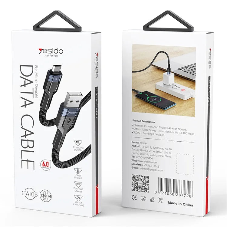 YESIDO CA106 2.4A Data Cable Nylon Braided USB to Micro USB Charging Cord