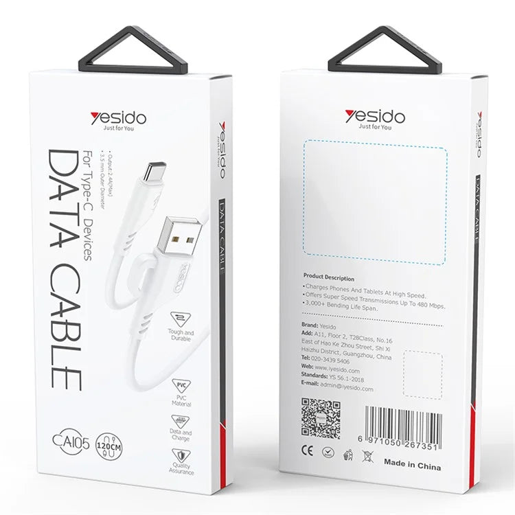 YESIDO CA105 USB Data Cable 1.2m 2.4A PVC Charging Cord with Hanging Hook