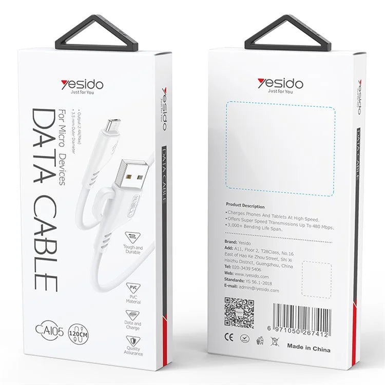 YESIDO CA105 USB Data Cable 1.2m 2.4A PVC Charging Cord with Hanging Hook