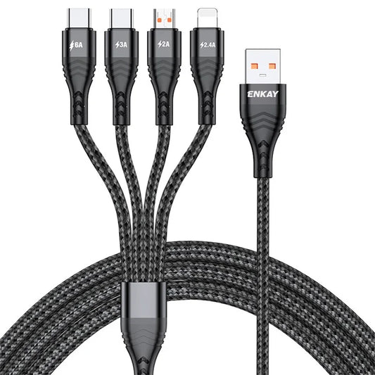ENKAY 6A Fast Charging Cable 1.2m 4 in 1 USB to iP  /  Type-C / Mcro USB Charging Data Cord
