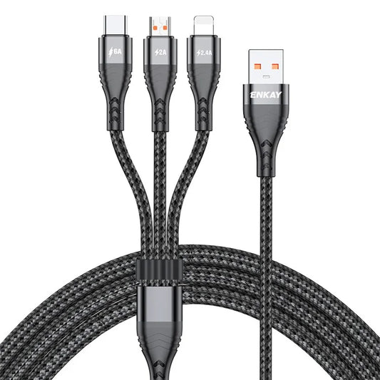 ENKAY 3 in 1 USB to iP  /  Type-C / Mcro USB Fast Charging Cord, Nylon Braided 1.2m 6A Cell Phone Cable