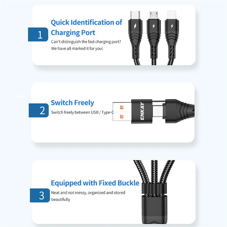 ENKAY Type-C / USB to iP / Type-C / Mcro USB Charging Cable, 2m 5A Fast Charging Data Cable