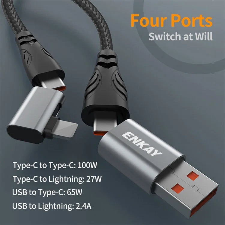 ENKAY 2m 4 in 1 USB / Type-C to iP / Type-C Nylon PD 100W Fast Charging Cable with E-Marker Chip