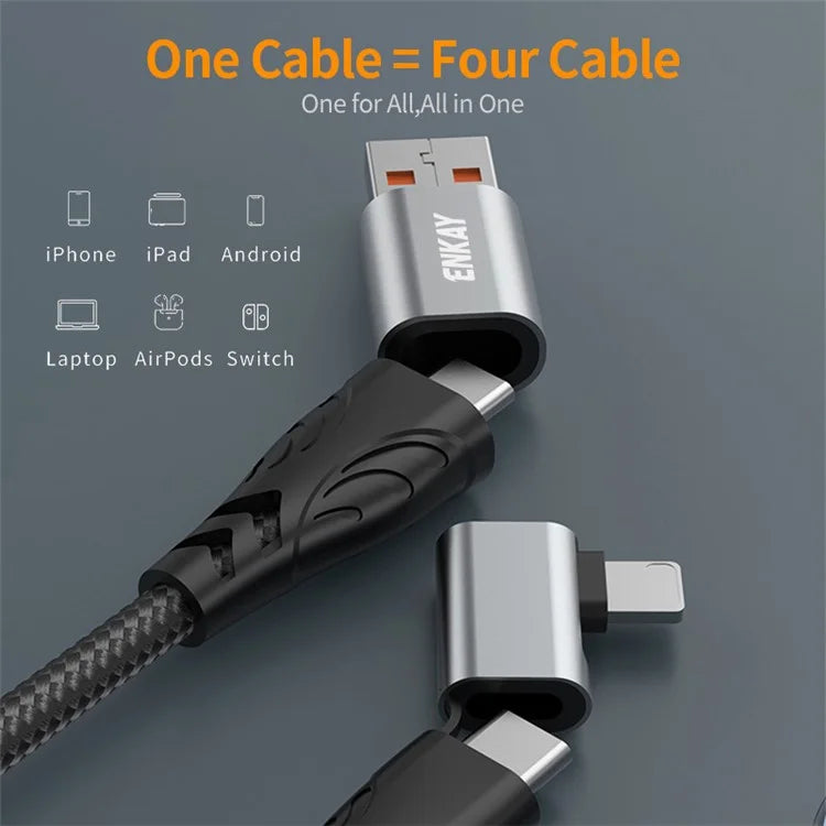 ENKAY 2m 4 in 1 USB / Type-C to iP / Type-C Nylon PD 100W Fast Charging Cable with E-Marker Chip