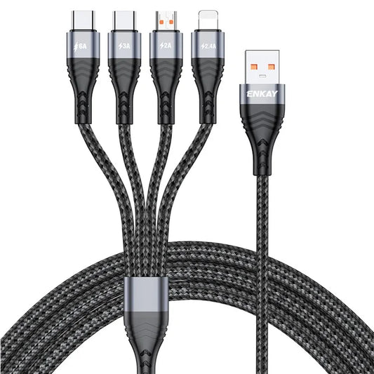 ENKAY HAT PRINCE 2m 6A 4-in-1 USB to 8Pin / Type-C / Micro USB Fast Charging Data Cable Nylon Braided Cord