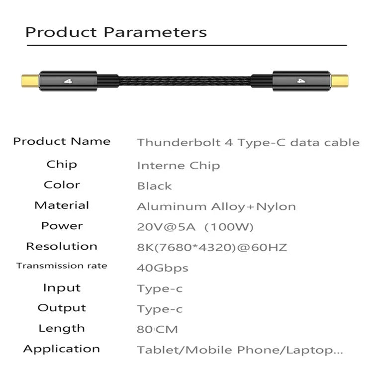 Thunderbolt 4 0.8m 100W 40Gbps 8K 60Hz Nylon Braided Data Cable