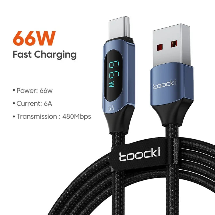 TOOCKI TQ-X03A2 1m 6A USB-C Data Cable, Digital Display Braided Charging Cable