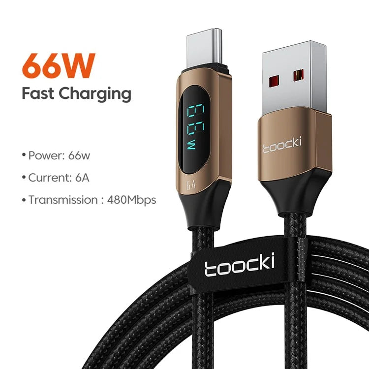 TOOCKI TQ-X03A2 1m 6A USB-C Data Cable, Digital Display Braided Charging Cable