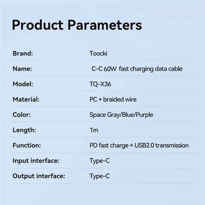 TOOCKI TQ-X36C2 1m E-Marker Chip PD 60W Fast Charging Type-C Cable
