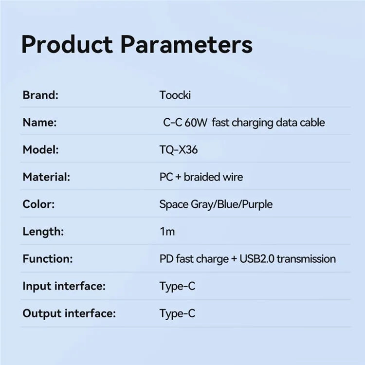 TOOCKI TQ-X36C2 1m E-Marker Chip PD 60W Fast Charging Type-C Cable