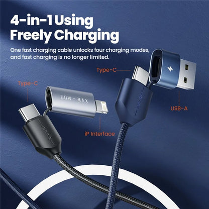 TOOCKI TQ-X44 2m USB-A / Type-C to Type-C / iP 4 in 1 Data Cable 60W Fast Charging Wire