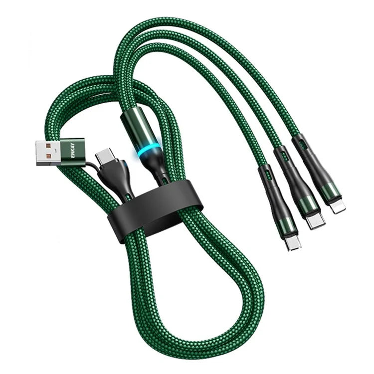 ENKAY 1.3m USB / Type-C to iP / Type-C / Micro USB 5A Fast Charge Data Cable with LED Indicator, Nylon Braided