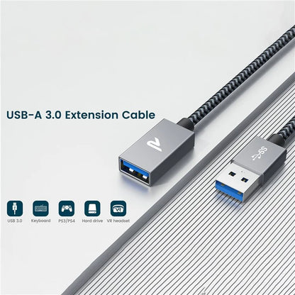 RAMPOW 1m USB-A Male to USB-A Female Extension Cable USB 3.0 5Gbps Nylon Braided Data Cable