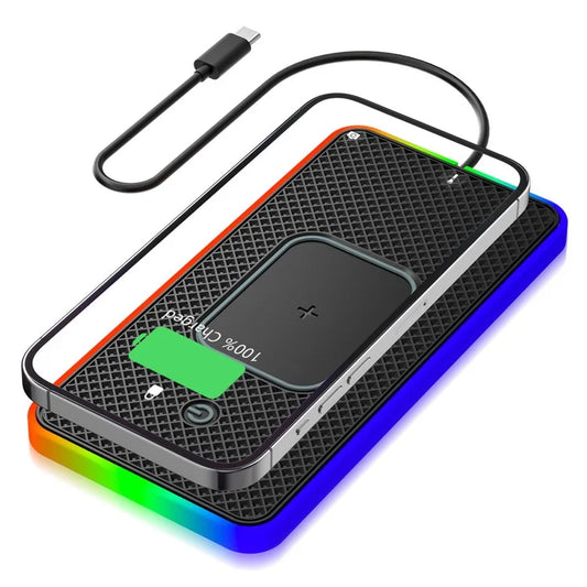 Anti-Slip Phone Charging Pad Button Control RGB Light Car Wireless Charger with 0.3m Type-C Cable (Round)