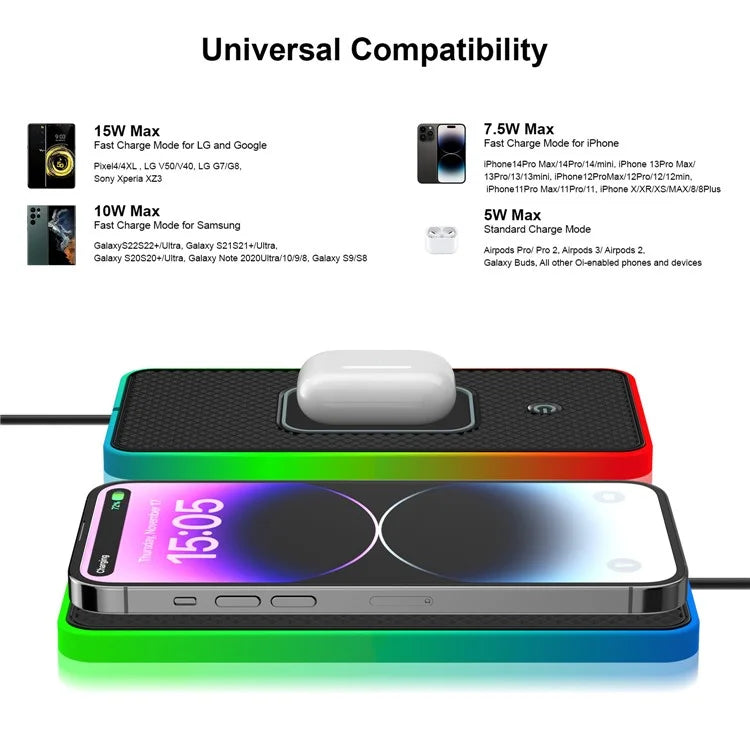 Anti-Slip Phone Charging Pad Button Control RGB Light Car Wireless Charger with 0.3m Type-C Cable (Round)