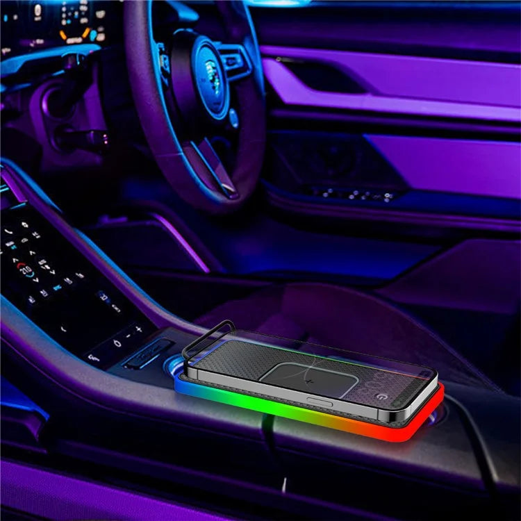 Anti-Slip Phone Charging Pad Button Control RGB Light Car Wireless Charger with 0.3m Type-C Cable (Round)