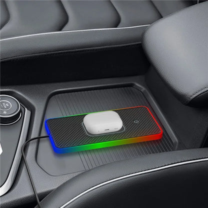 Anti-Slip Phone Charging Pad Button Control RGB Light Car Wireless Charger with 0.3m Type-C Cable (Round)