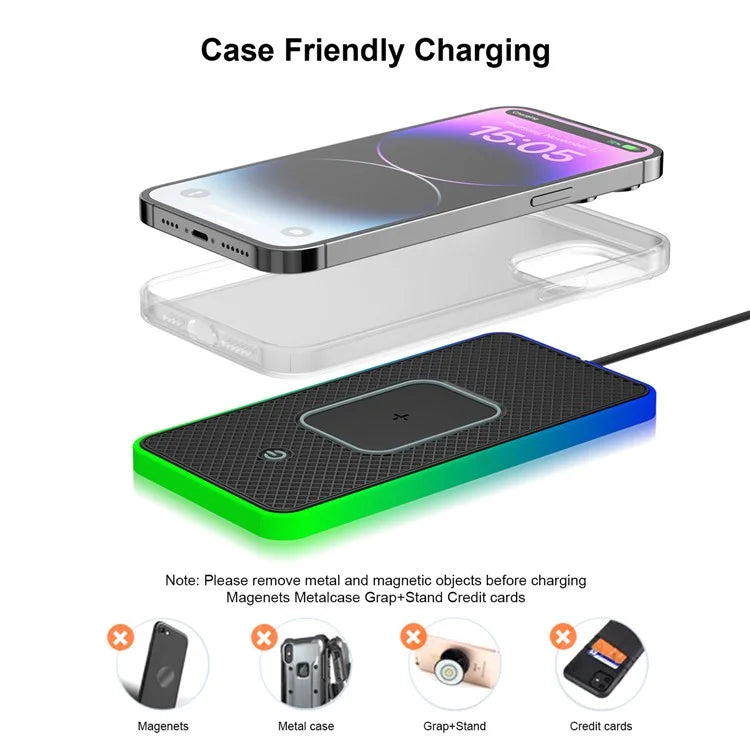 Car Anti-Slip Phone Charging Pad Button Control RGB Light Wireless Charger with 0.3m USB Cable (Square)