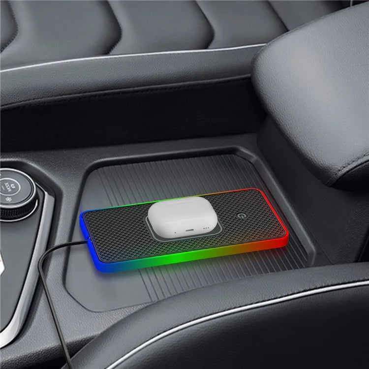 Car Anti-Slip Phone Charging Pad Button Control RGB Light Wireless Charger with 1m USB Cable (Square)