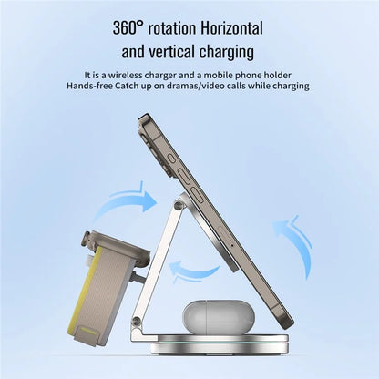 For iPhone / Apple Watch / AirPods 3-in-1 Charging Stand Bottom Rotatable Magnetic Wireless Charger