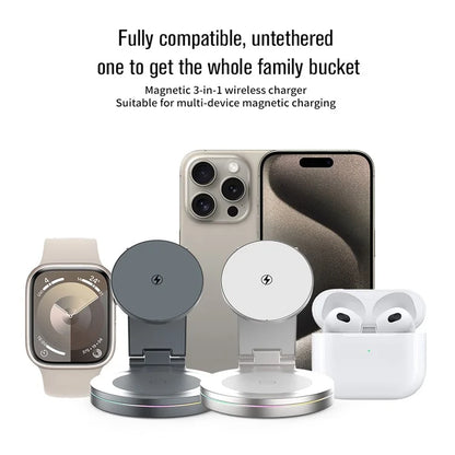 For iPhone / Apple Watch / AirPods 3-in-1 Charging Stand Bottom Rotatable Magnetic Wireless Charger