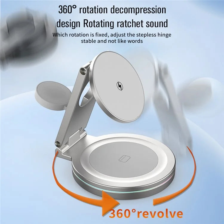 For iPhone / Apple Watch / AirPods 3-in-1 Charging Stand Bottom Rotatable Magnetic Wireless Charger
