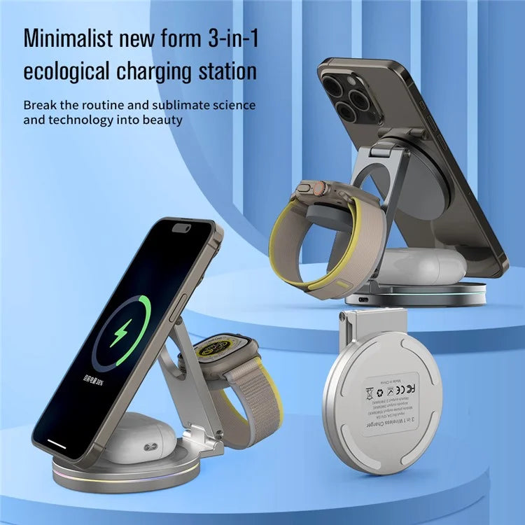 For iPhone / Apple Watch / AirPods 3-in-1 Charging Stand Bottom Rotatable Magnetic Wireless Charger