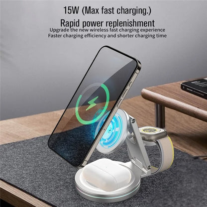 For iPhone / Apple Watch / AirPods 3-in-1 Charging Stand Bottom Rotatable Magnetic Wireless Charger