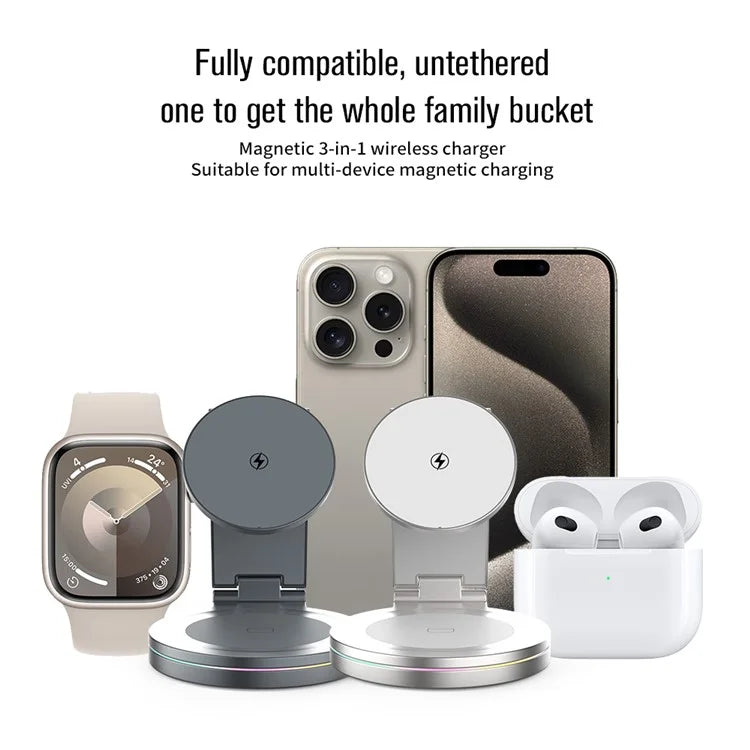 For iPhone / Apple Watch / AirPods 3-in-1 Charging Stand Bottom Rotatable Magnetic Wireless Charger