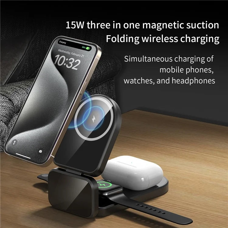H09 Watch / Earphone / Cellphone 3-in-1 Desktop Charging Stand Foldable Magnetic Wireless Charger