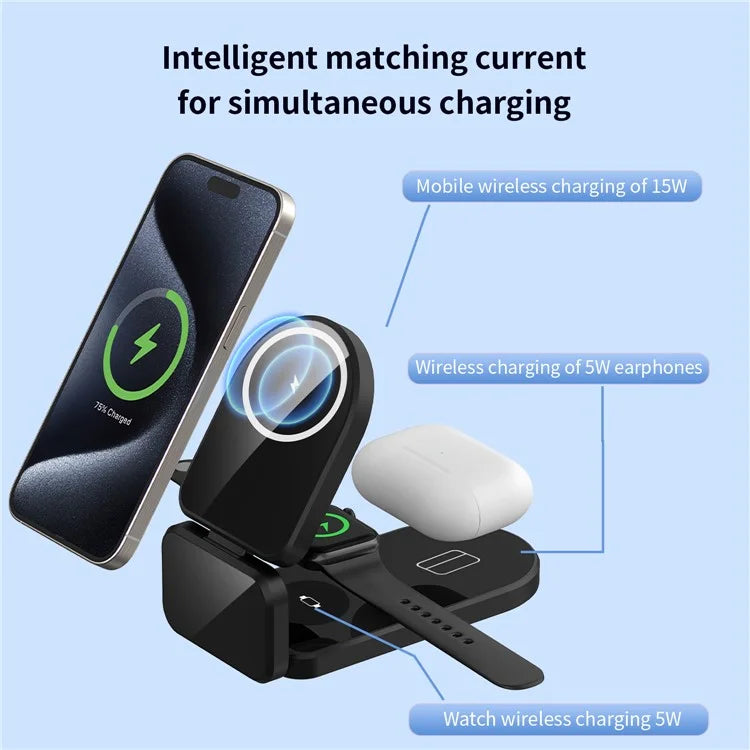 H09 Watch / Earphone / Cellphone 3-in-1 Desktop Charging Stand Foldable Magnetic Wireless Charger