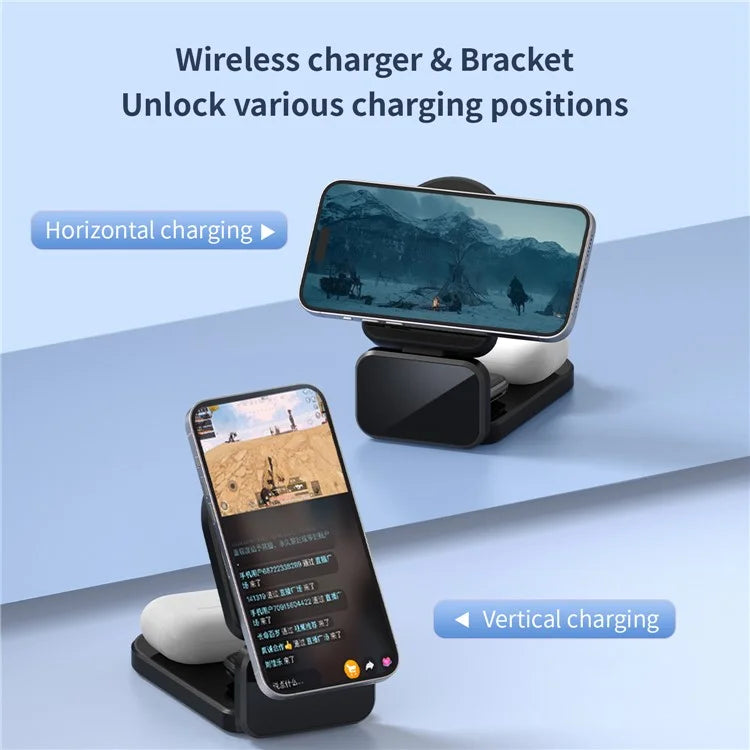 H09 Watch / Earphone / Cellphone 3-in-1 Desktop Charging Stand Foldable Magnetic Wireless Charger