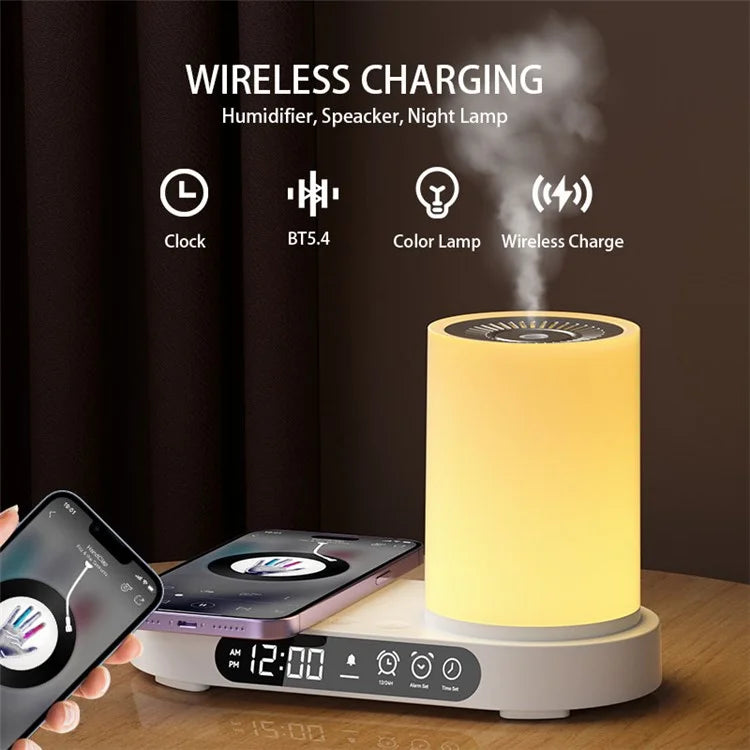 T32 Aroma Air Humidifier Night Light Bluetooth Speaker Digital Clock Phone Wireless Charger