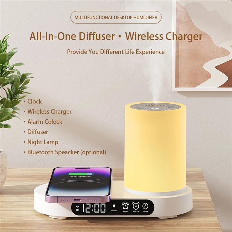 T32 Aroma Air Humidifier Night Light Bluetooth Speaker Digital Clock Phone Wireless Charger