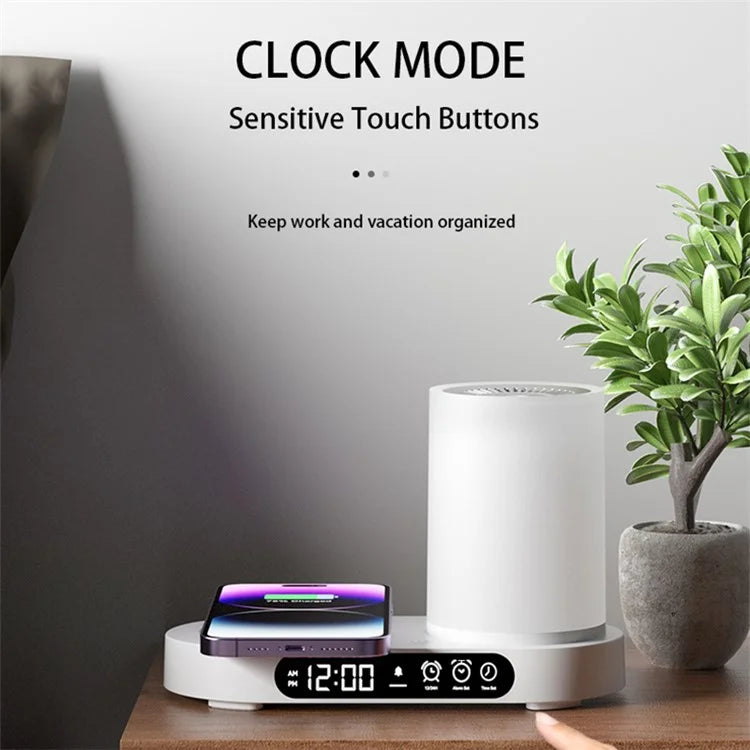 T32 Aroma Air Humidifier Night Light Bluetooth Speaker Digital Clock Phone Wireless Charger