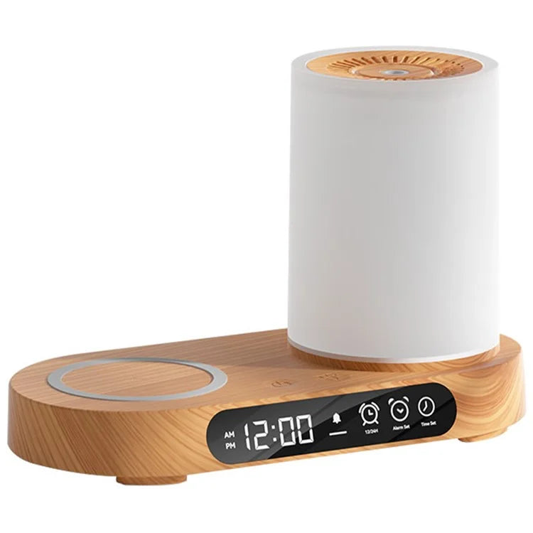 T32 Aroma Air Humidifier Night Light Bluetooth Speaker Digital Clock Phone Wireless Charger