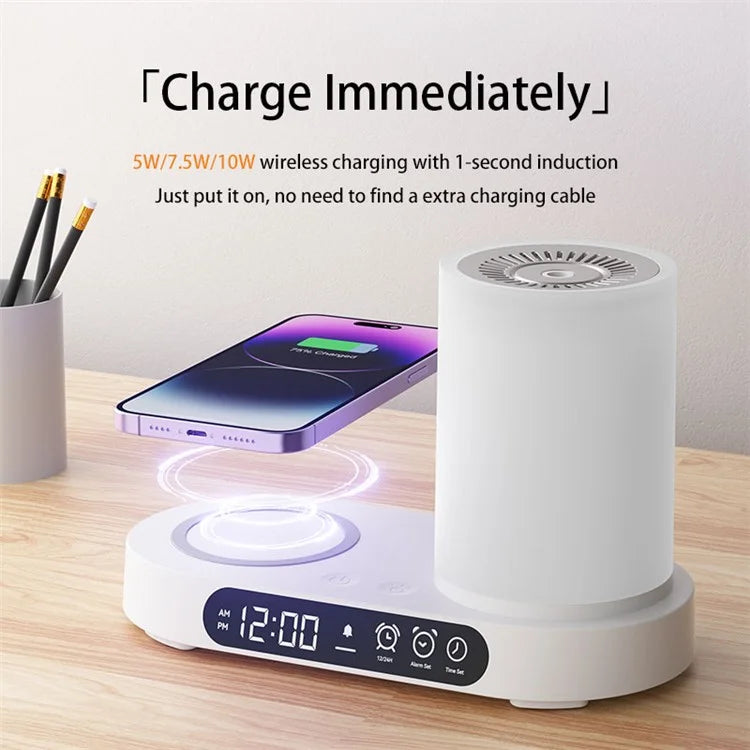 T32 Aroma Air Humidifier Night Light Bluetooth Speaker Digital Clock Phone Wireless Charger