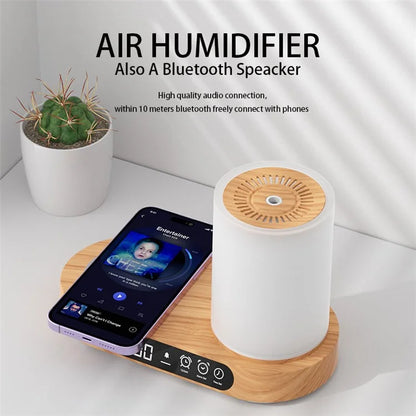 T32 Aroma Air Humidifier Night Light Bluetooth Speaker Digital Clock Phone Wireless Charger