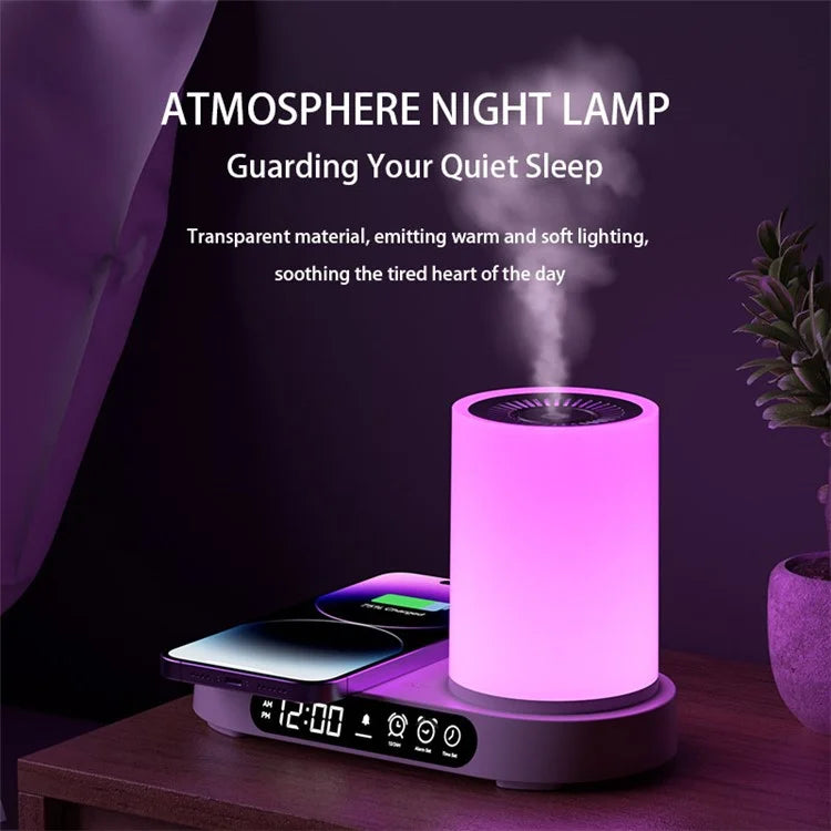 T32 Aroma Air Humidifier Night Light Bluetooth Speaker Digital Clock Phone Wireless Charger
