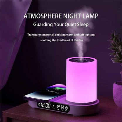 T32 Aroma Air Humidifier Night Light Bluetooth Speaker Digital Clock Phone Wireless Charger