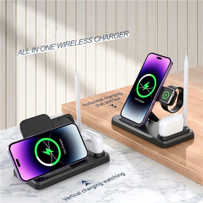 HT-504 For iPhone AirPods Apple Watch 15W Wireless Charger Fast Charging Stand with Pen Holder