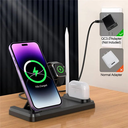 HT-504 For iPhone AirPods Apple Watch 15W Wireless Charger Fast Charging Stand with Pen Holder