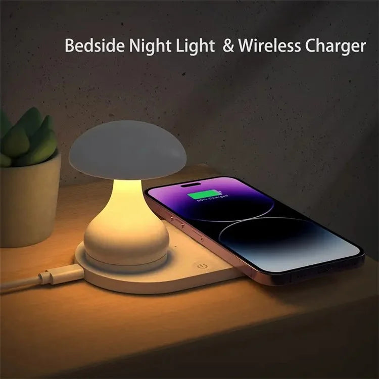 HT-513 2-In-1 Mushroom Night Lamp Wireless Charger Bedside Light
