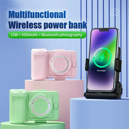 YR-1 5000mAh Power Bank 15W Phone Wireless Charger Bluetooth Shutter Shooting Handle