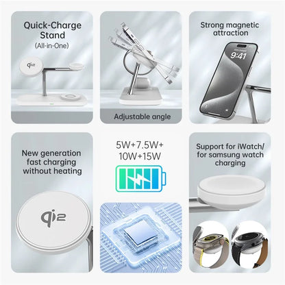 T255 Watch / Earphone / Cellphone 3-in-1 Desktop Charging Stand Qi2 15W Magnetic Wireless Charger