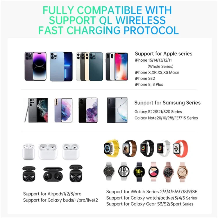T255 Watch / Earphone / Cellphone 3-in-1 Desktop Charging Stand Qi2 15W Magnetic Wireless Charger